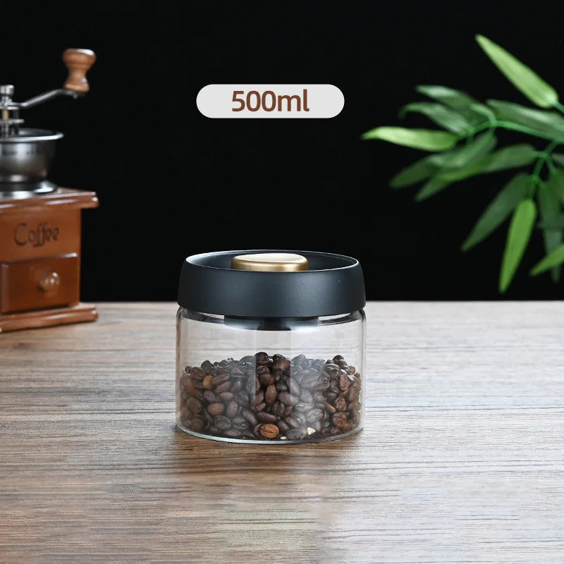 Coffee Beans Vacuum Sealed Tank Glass Sealed Jar Household Moisture-proof Air Extraction Airtight Container Household Coffee Set Oasis Select Black-Gold-500ml
