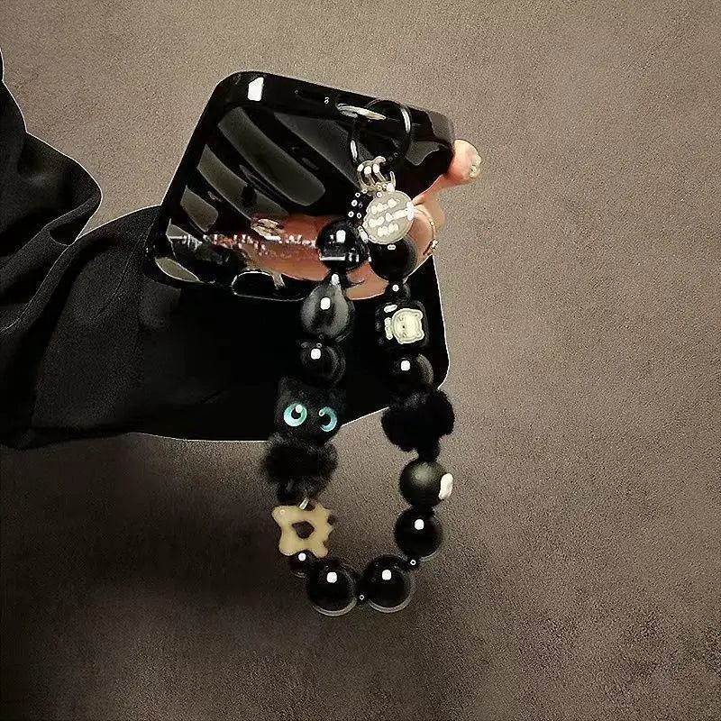 Black Plush Cat Beaded Wrist Strap Y2K Phone Lanyard & Key Charm Phone Wrist Lanyard Oasis Select Black