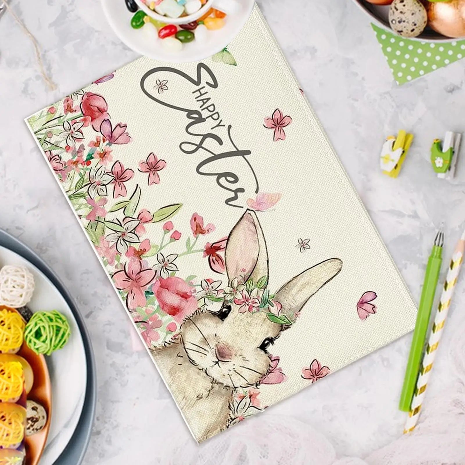 Easter Place Mats Rabbit Print Placemat Spring Flowers Easter Bunny Easter Egg Print Family Holiday Dinner Restaurant Decoration Oasis Select