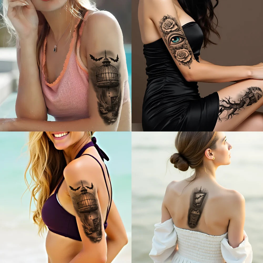 3-Pack Black & Grey Cobweb Rose Temporary Tattoos | Waterproof