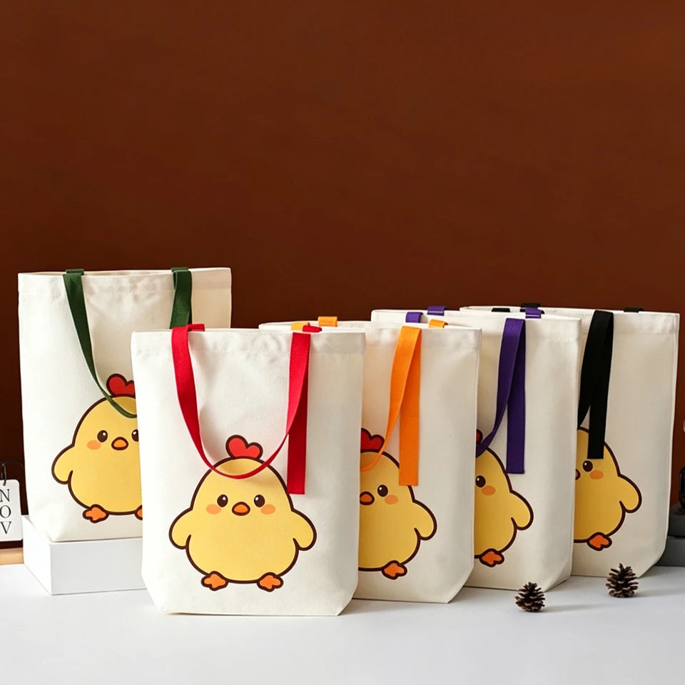 Cute Yellow Chick Red Heart Print Canvas Tote Bag Eco Reusable Shoulder Bag Grocery Daily Shopping Bag Oasis Select