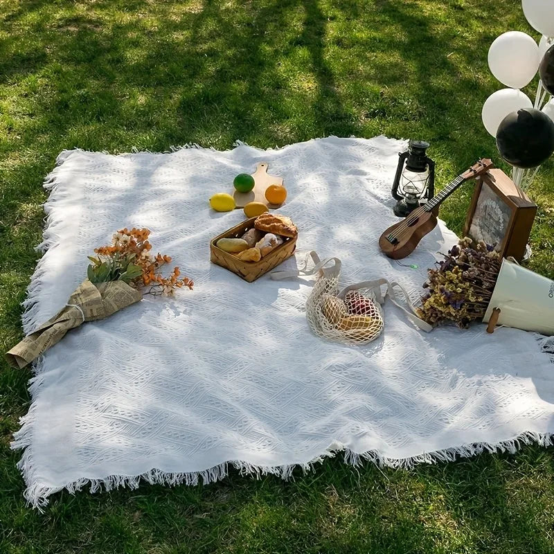 French Style Fringe Blanket, Heavy-Duty Outdoor Blanket with White Fringe Trim,Machine-Washable Camping Bedspread for Beach Park Oasis Select 35.43x70.87inch
