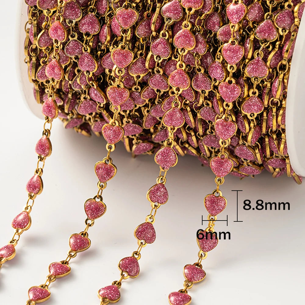 1meter Gold Plated Stainless Steel Colorful Enamel Heart Eye Chain for DIY Women Men Choker Bracelet Anklet Jewelry Making Oasis Select Heart Pink