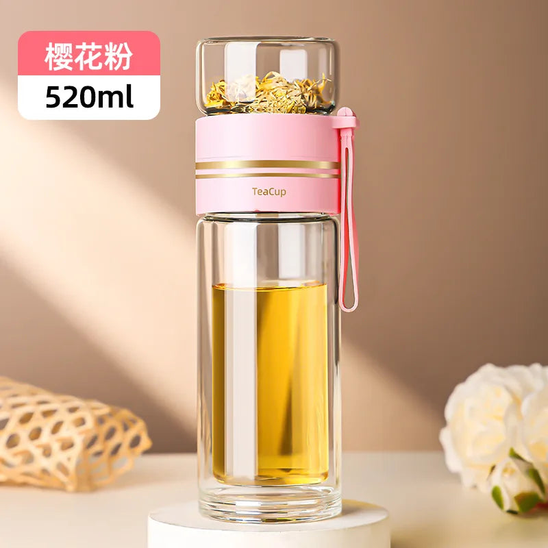500ml Double‑Walled Glass Tea Infuser Cup, Portable Leak‑Proof Travel Mug with Stainless Steel Filter, Heat‑Resistant for Office Oasis Select Pink 520ml