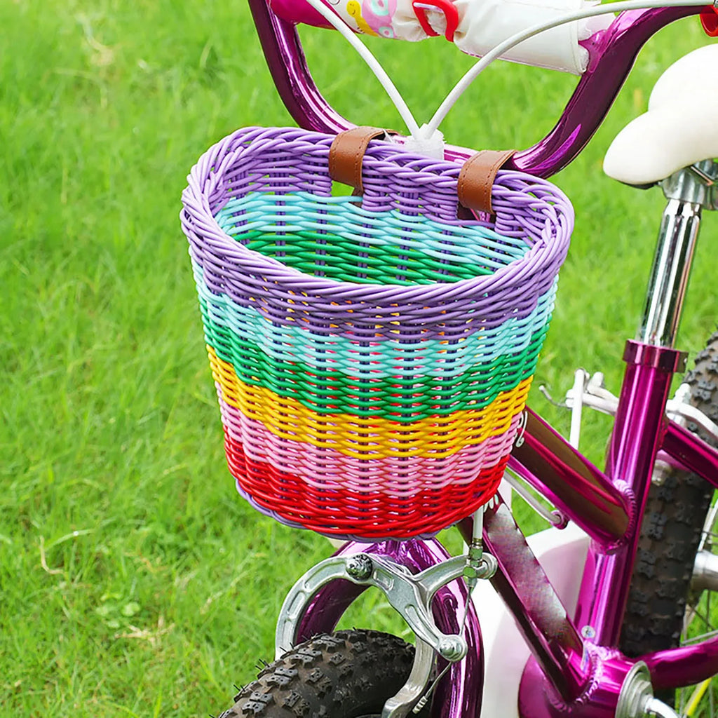 Rainbow Color Bicycle Basket for Kid Front Handlebar Rattan Picnic Basket Plastic Bike Bag Water Bottle Dolls Bicycle Rack Bag Oasis Select