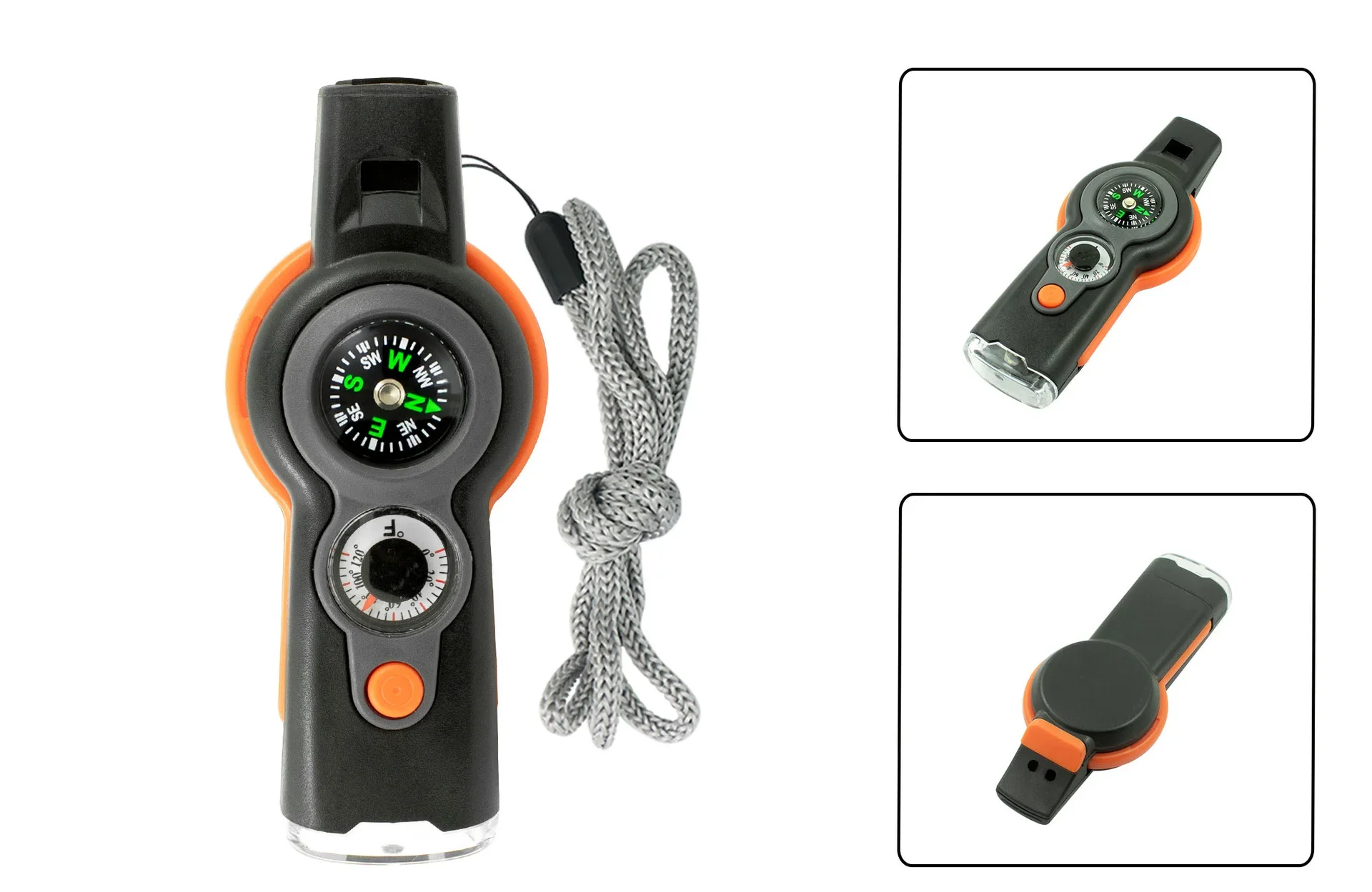7in1 Emergency Survival Function Whistle Outdoor Multifunctional Survival Whistle with Lanyard Compass Flashlight Camping Hike Oasis Select black