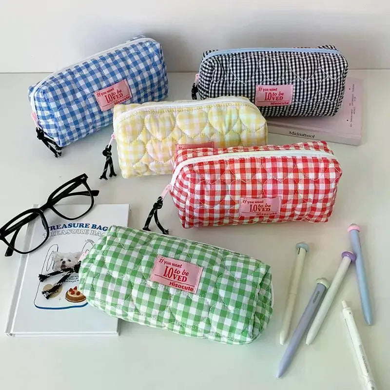 Colored Checkered Pencil Case INS Style Large Capacity Stationery Storage Bag Cosmetics Miscellaneous Storage Bag Makeup Bag Oasis Select