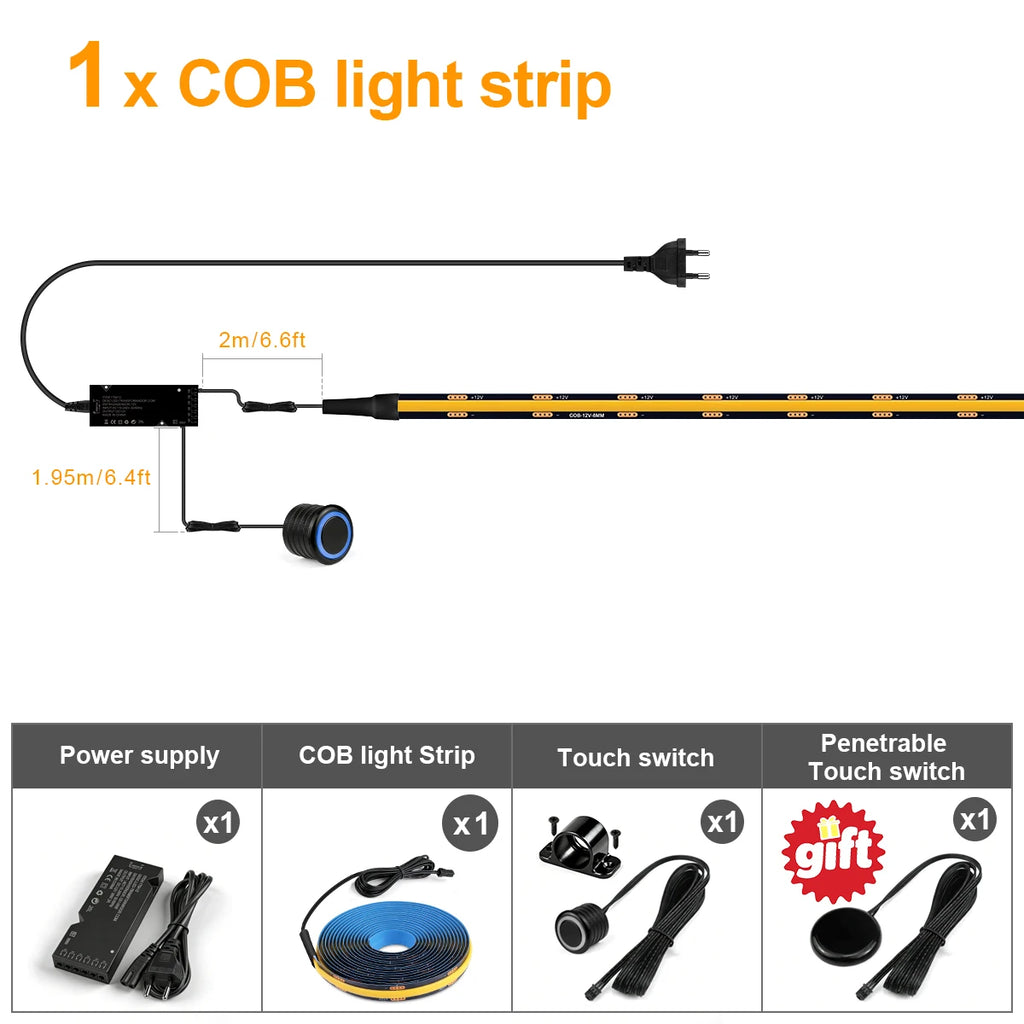 12v Dimmable Black PCB COB LED Light Strip with Double Touch Sensor,For Soundproof Panel Cabinet Wall Embedded Decor Night Lamp Oasis Select 1x COB Strip Set Neutral White 3M 9.84FT|US Plug
