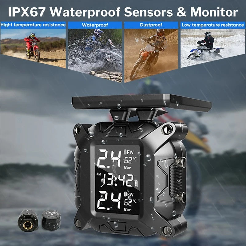 Motorcycle TPMS Solar Power Tire Pressure Monitor Real Time Tire Pressure Monitoring System Temperature Sensor Alarm System Oasis Select
