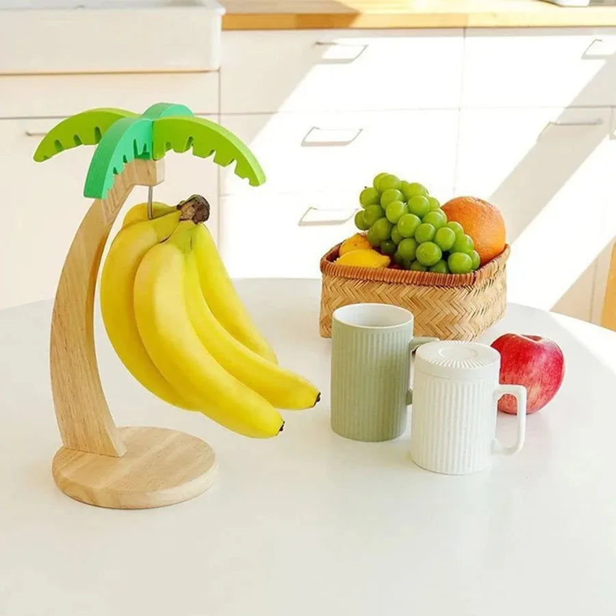 Wooden Banana Hanger Rack with Leaf & Hook | Kitchen Décor