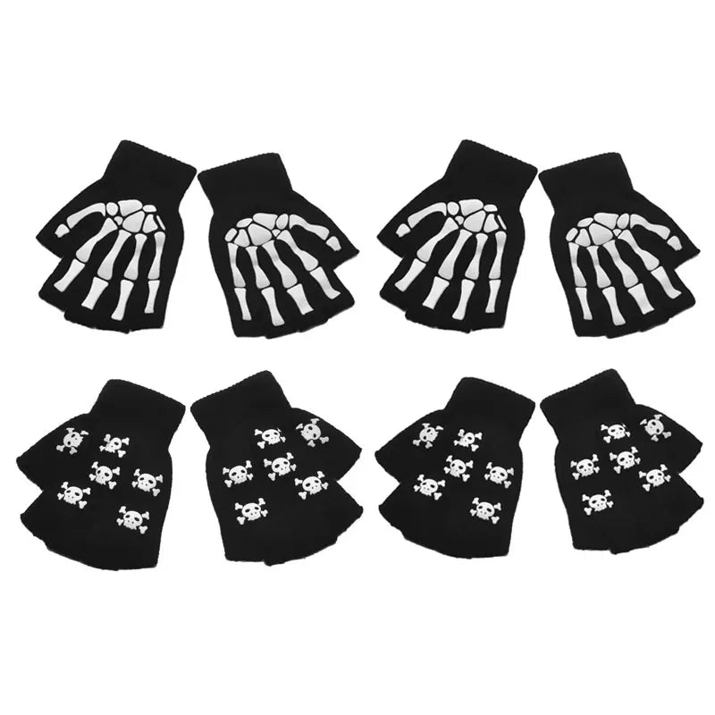 1-4pair Gloves Unisex Halloween Skeleton Skull Half Finger Gloves Glow In The Dark Fingerless Stretch Knitted Winter Mittens Oasis Select 4pair-mix 1