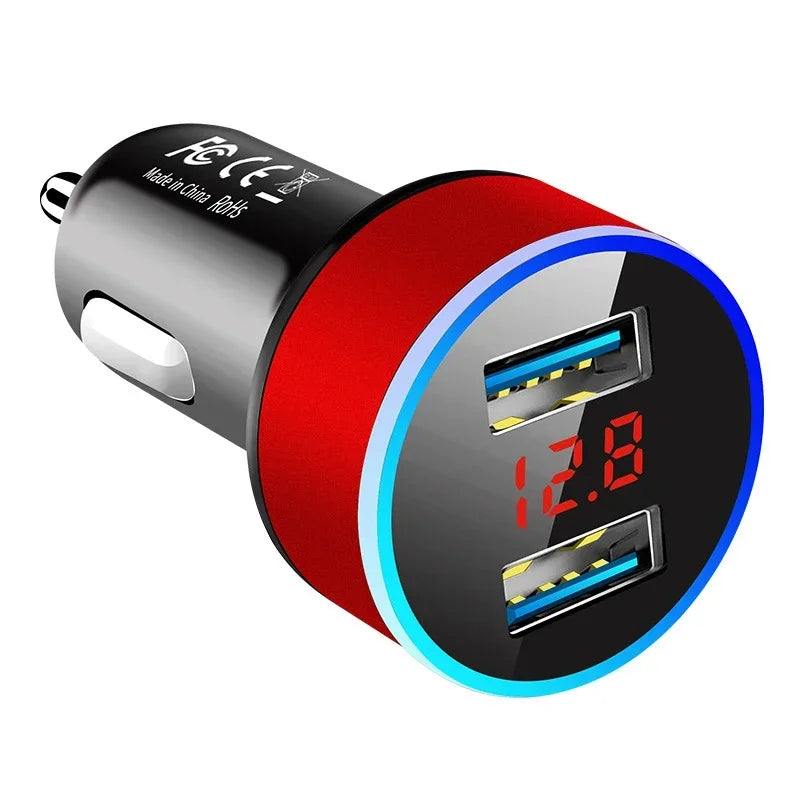 1/2pcs Car Charger For Cigarette Lighter Smart Phone USB Adapter Mobile Phone Charger Dual USB Digital Display Voltmeter Oasis Select Red