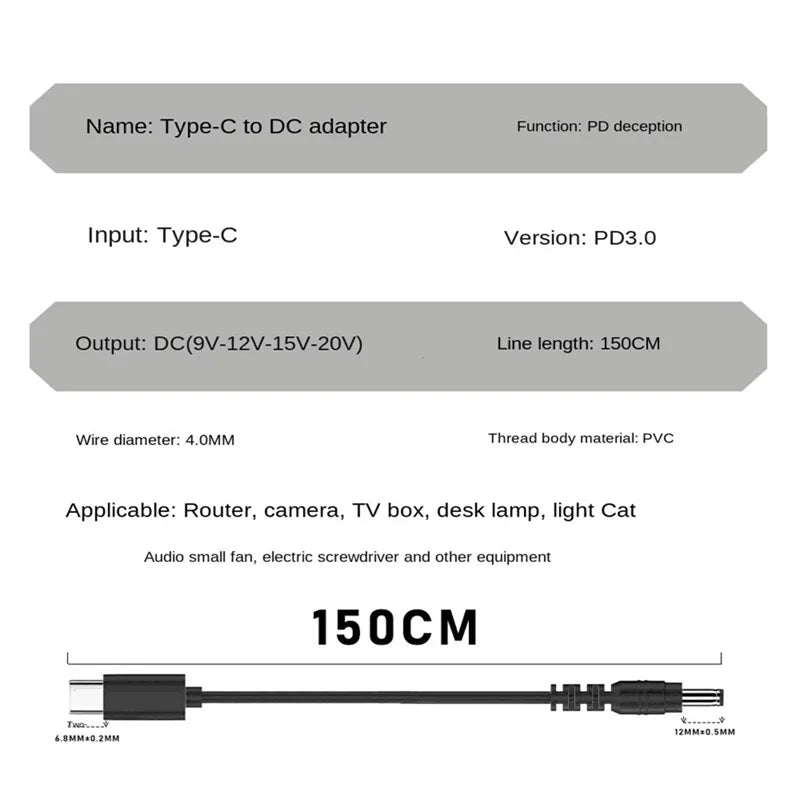 DP 65W 9V 12V 15V 20V USB C Type C to DC Power Adapter Cable Type C to 3.5*1.35mm Dc line Converter for Router Mini Fan Speaker Oasis Select