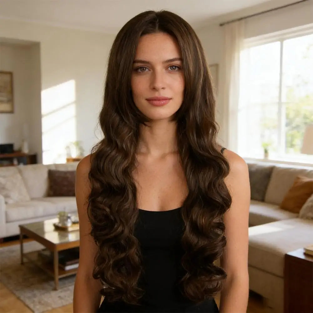 Women Long Wavy Cosplay Wig 80cm Brown Natural Looking Synthetic Lace Wig for Lolita Daily Use Party Salon Styling Oasis Select