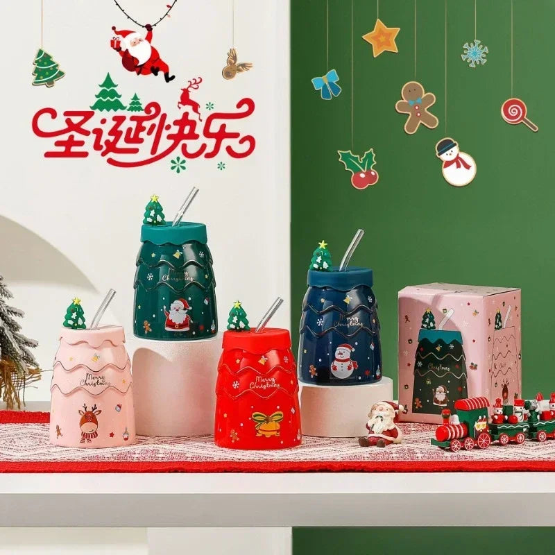 Christmas Creative Elk Snowman Ceramic Cup Creative Christmas Tree Cup with Lid Straw Gift Practical Cartoon Cup Oasis Select