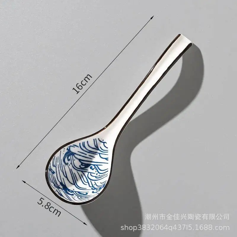 Japanese Blue And White Ceramic Spoon With Underglaze Decoration Soup And Noodle Serving Kitchen Cooking Utensil Oasis Select 30