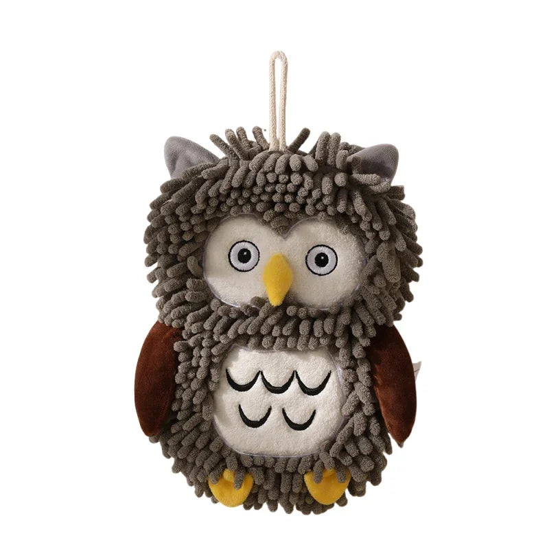 Cartoon Owl Chenille Hand Towel With Fuzzy Balls, Absorbent Fast-Drying Soft Hanging Towels For Bathroom And Kitchen Oasis Select Gray