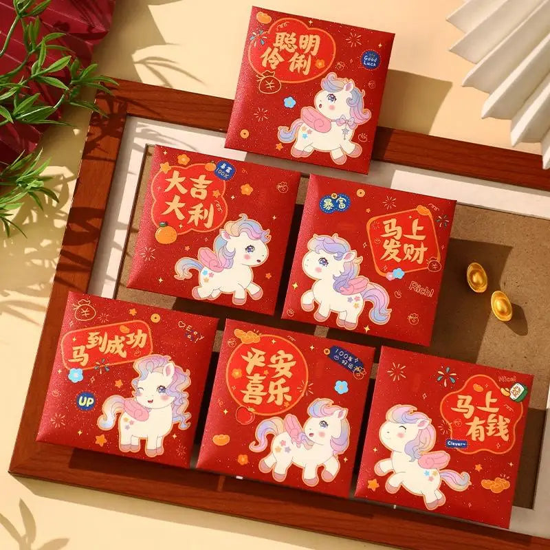 6Pcs Paper 2026 Horse Year Red Envelope Mini Cartoon Lucky Money Bag Traditional Blessing Red Pocket Marriage Celebration Oasis Select A4