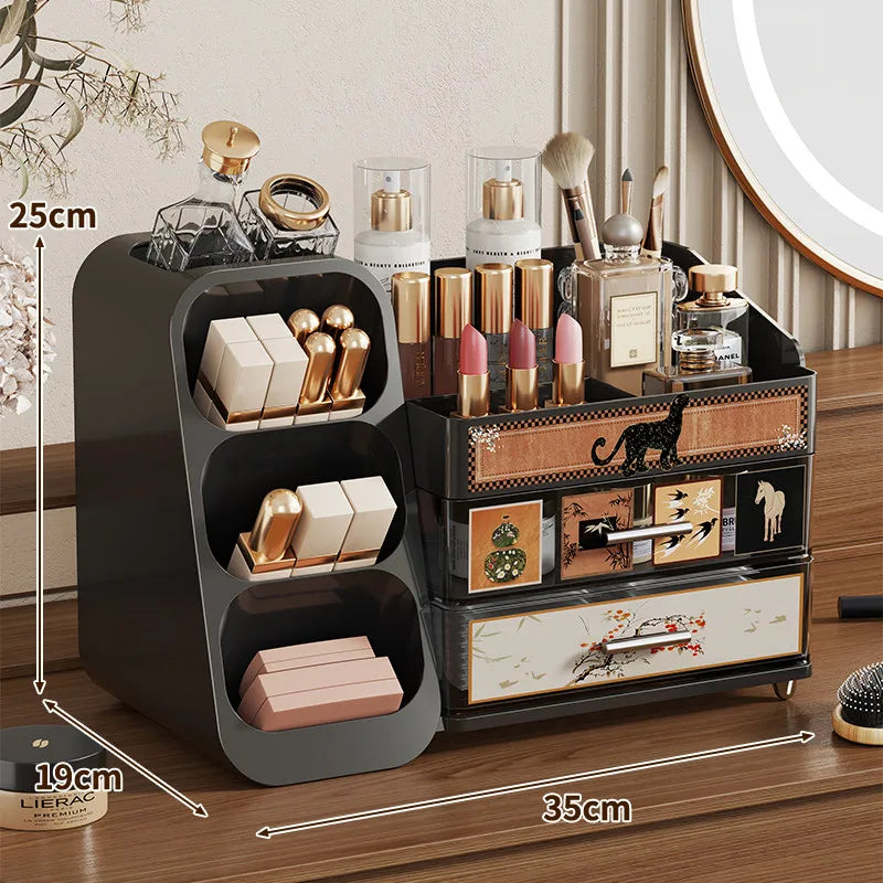 Dressing Table Storage Box Desktop Antique Style Cosmetics Dust-proof Drawer Style Organizing Box Lipstick Storage Rack Oasis Select