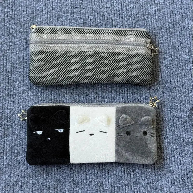 1Pcs Black White And Gray Kitten Pencil Case Plush Cute Cat Storage Bag Large Capacity Cartoon Stationery Case For Student Oasis Select