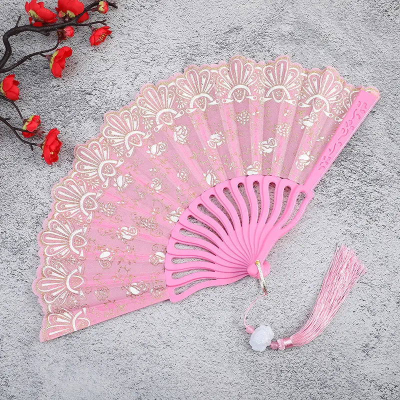 Little Flower Rose Folding Fan Ancient Style Held Dance Fans Party Wedding Prom Dancing Summer Fan Accessories Oasis Select