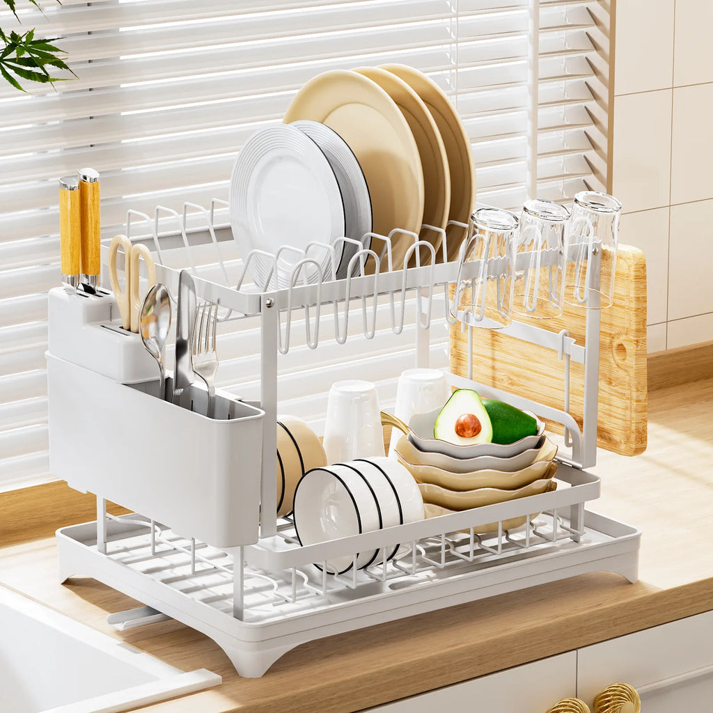 Bowl rack, kitchen rack, countertop, bowl and chopsticks drain basket, pink bowl rack, drain storage rack. Oasis Select White full set