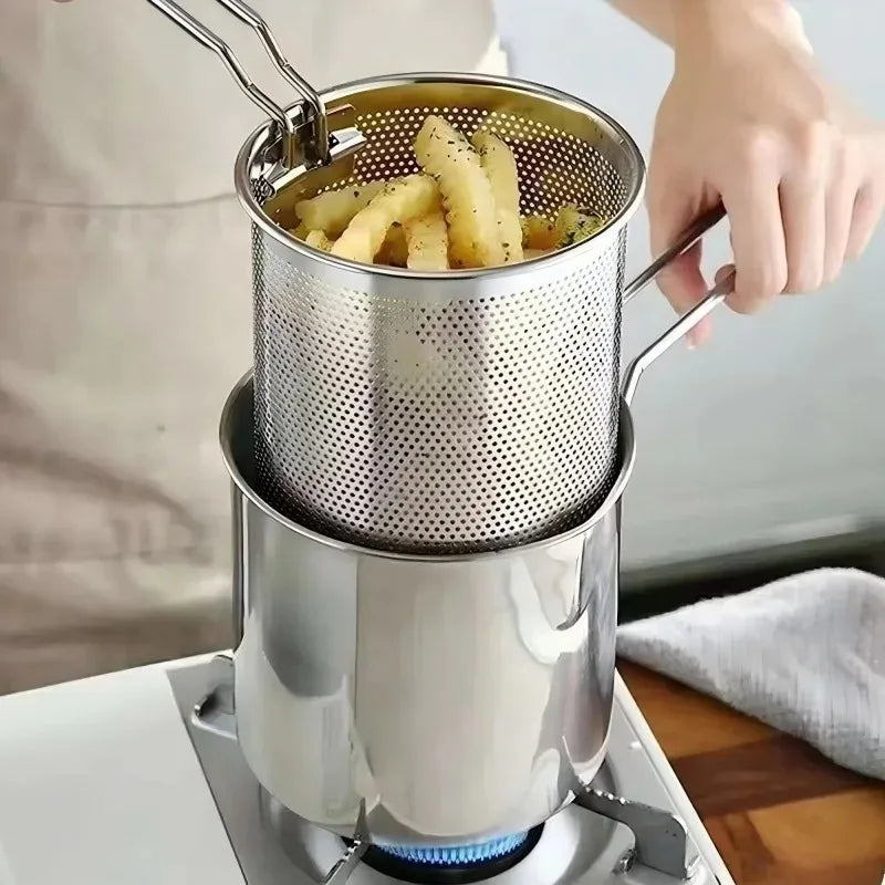 Kitchen Deep Frying Pan with Strainer Stainless Steel Tempura Fryer Versatile Cookware for Home Fried Food Preparation Oasis Select