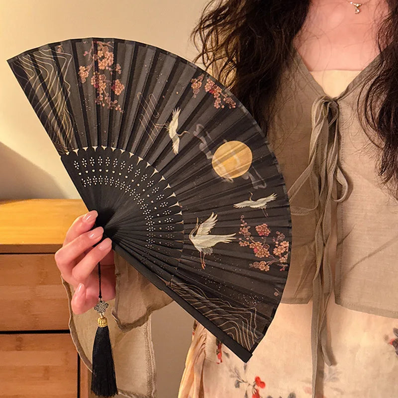 Summer Ancient Costume Portable New Chinese-style Cheongsam Dance Tassel Folding Bamboo Fan Student Ancient-style Folding Fan Oasis Select