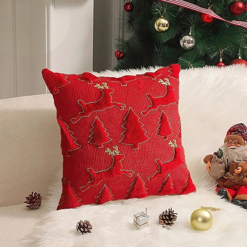 Christmas Plush Pillowcase – Xmas Tree & Reindeer Cushion Cover