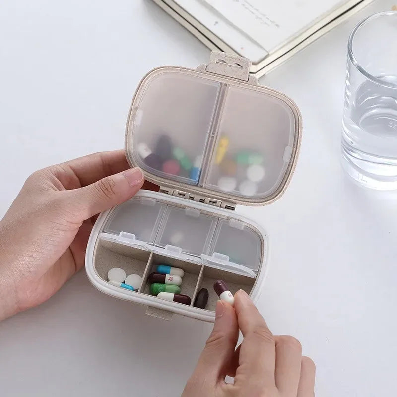 Mini Portable 8 Grids Pill Box Travel Medicine Organizer Container Wheat Sealed Tablets Storage Dispenser Box for Medicines Oasis Select