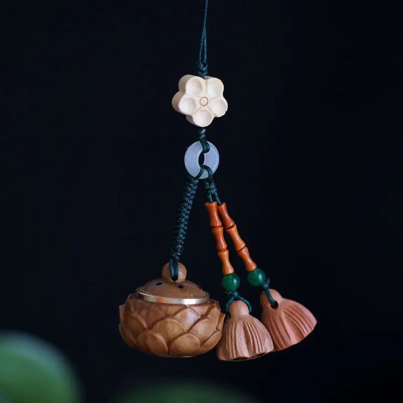 Hand Carved Lotus Green Sandalwood Hanging Charm Luminous Aroma Expander Keychain Cute Bag & Phone Decor Oasis Select