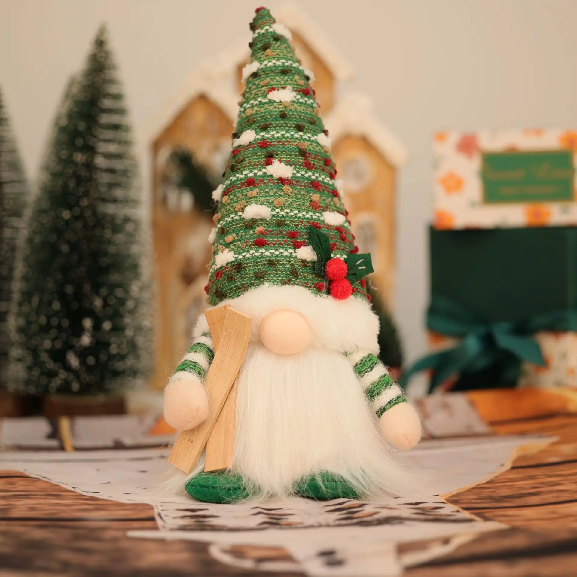 Christmas Decoration Items American Country Knitted Ribbon Light Faceless Doll Creative Glowing Rudolph Dwarf Oasis Select Green with Light