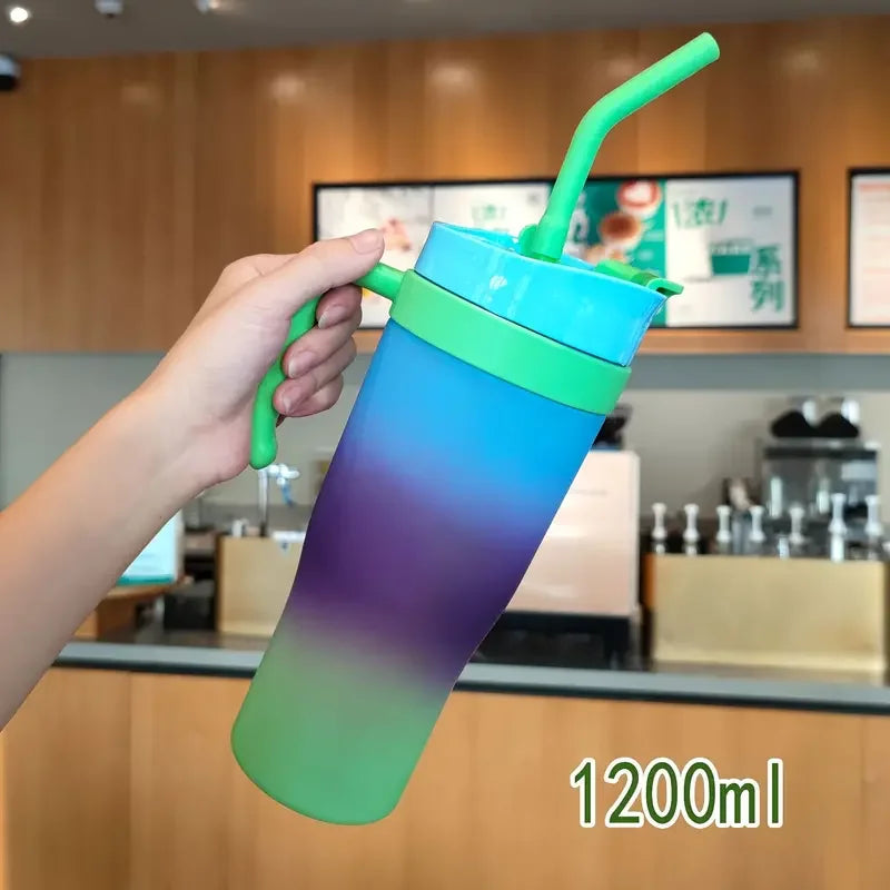 1200ml Large Capacity Gradient Frosted Sports Water Bottle Tumbler for Car Gym Outdoor Travel Reusable BPA Free Cup with Straw Oasis Select As Shown Green