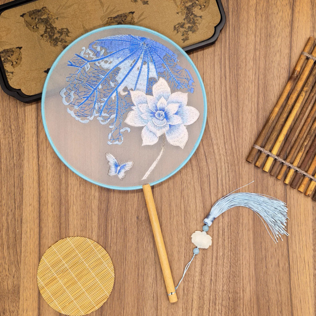Vintage Double Sided Embroidery Flower Shape Hand Fan Chinese Palace Hanfu Floral Silk Hand Fan Craft Wedding Gift For Guests Oasis Select Style A
