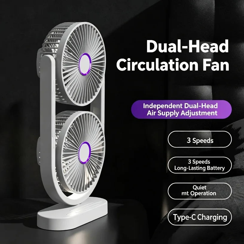 Dual Head Desk Independent Control Fan USB Rechargeable 3 Speed Adjustable 360° Airflow Low Noise Twin Turbo Fan For Office Home Oasis Select