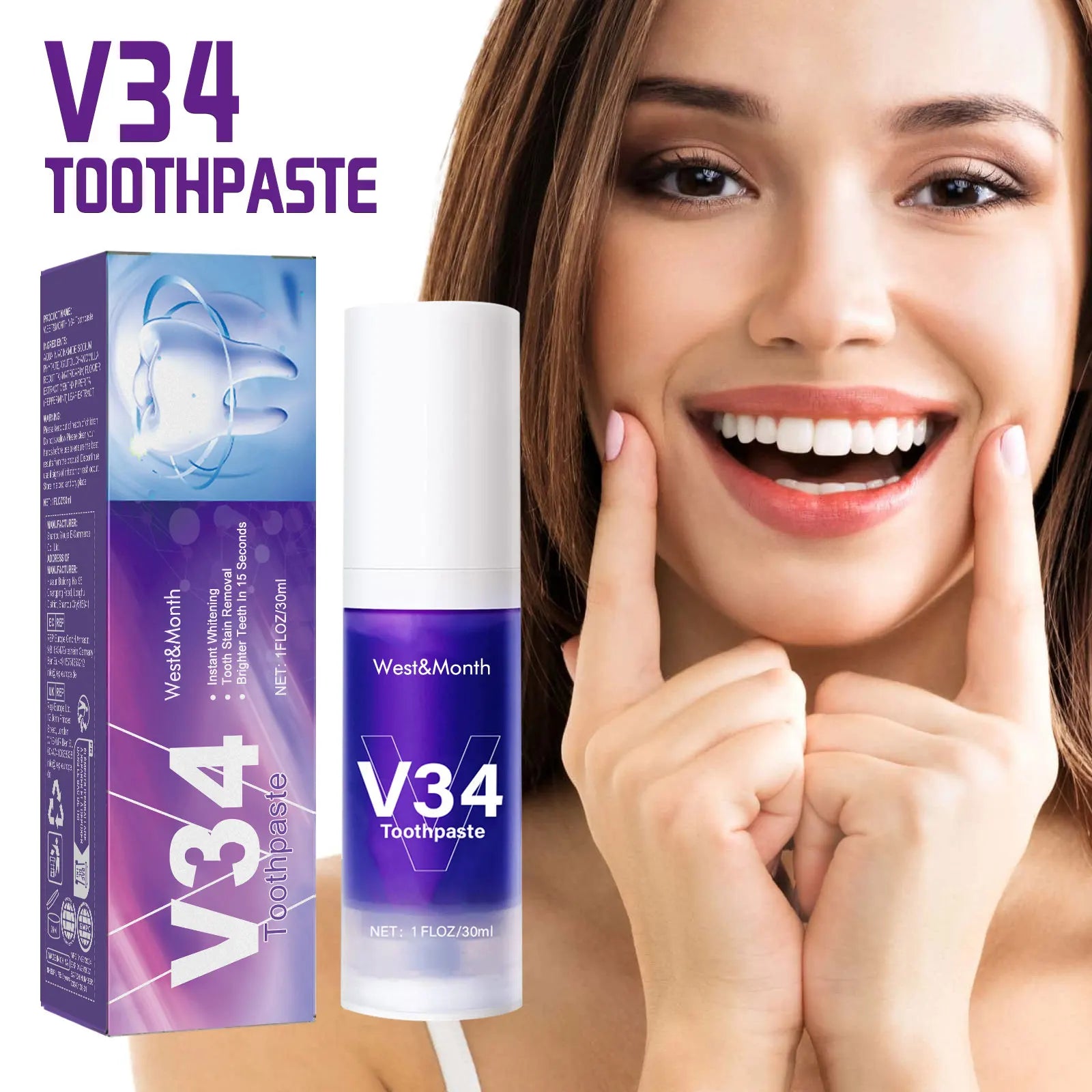 V34 Cleansing Mousse, Intensive Teeth Whitening, Gentle Gum Care & Long-Lasting Fresh Breath, Convenient Press-Type Toothpaste Oasis Select