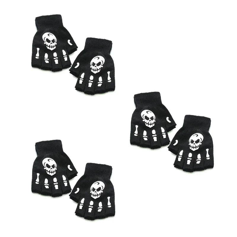 1/2/3/4pairs Adult Kids Halloween Skull Half-Finger Punk Gloves Winter Skull Fingerless Black Gloves Oasis Select 02-3pairs