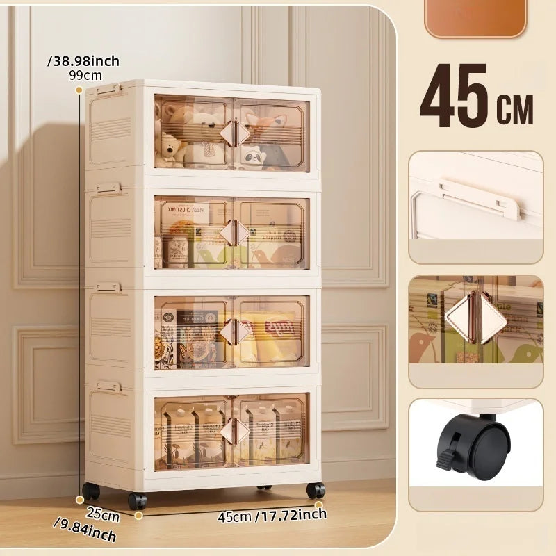 45cm Foldable Width Plastic Storage Box with Wheels Multi-Layer Clothing Cabinet Organizer for Books Kitchen Oasis Select 45cm-Cream-4 Layers