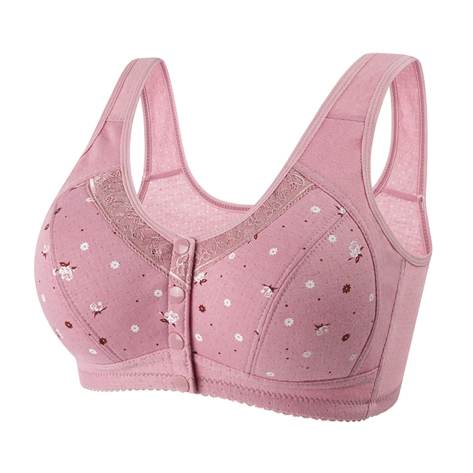 Plus Size Flower Print Wire Free No Pads Nursing Bra Mid-aged Mom Open Front Vest Brassiere Lingerie Cotton Bralette Underwear Oasis Select Pink 46
