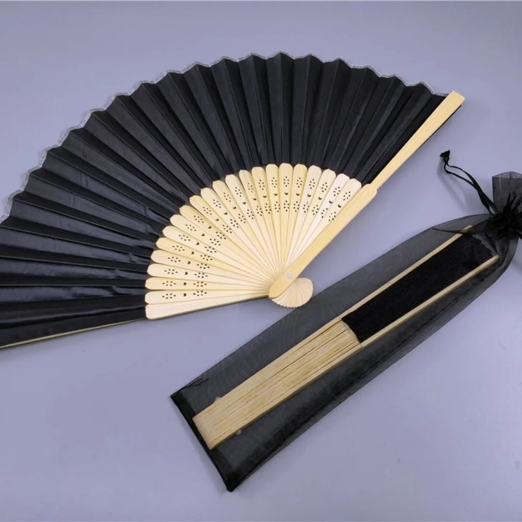 Hand Folding Fan with Organza Bag Bridal Shower Kids Christestening Favors Wholesale Bamboo Fabric Handheld Fans Oasis Select
