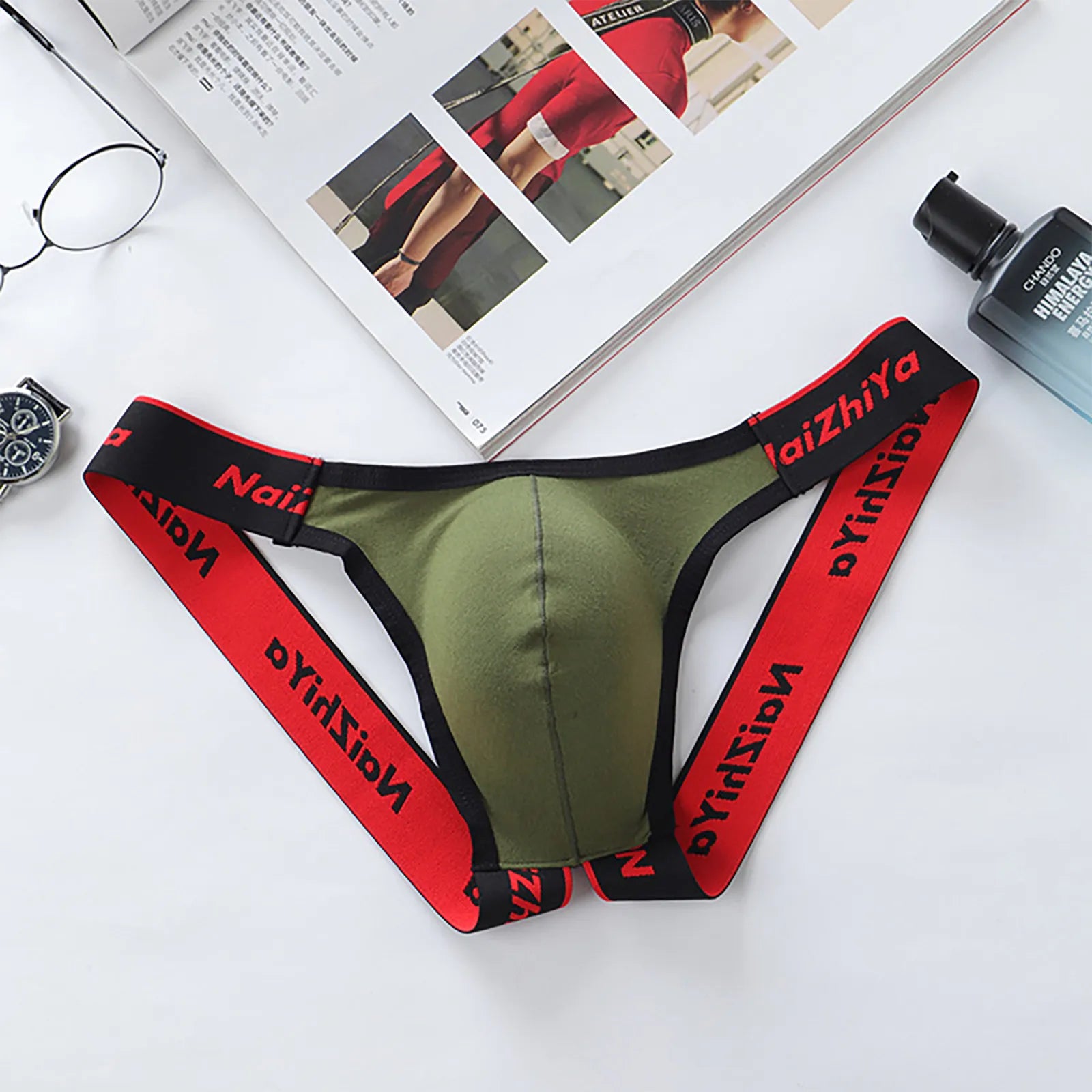 Men Sexy Gay Thongs Polyester Cueca Hombre Jockstrap Men Erotic Open Back Underwear Mens Erotic Low Waist Thong T Shape G String Oasis Select Army Green M
