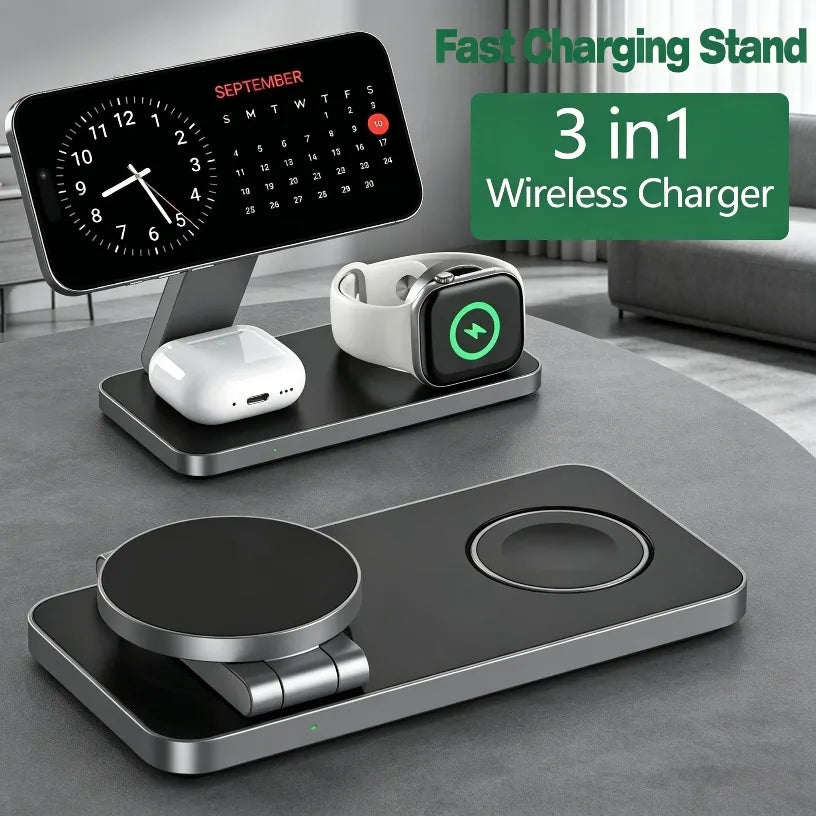 15W Magnetic Wireless Charger Foldable Stand 3 Devices Simultaneous Charging For iPhone 17 16 Pro Max 15 14 13 12 Apple Series Oasis Select