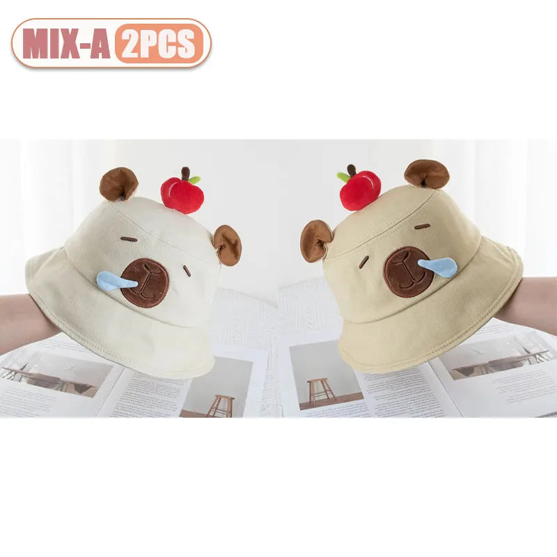 1-4PCS Cute Capybara Apple Bucket Hat for Women Cartoon Fisherman Hat Sun Protection Casual Summer Beach Outdoor Oasis Select MIX-A-2PCS