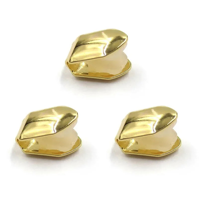1/3/5Pcs 4 Colors Custom Fit Gold Plated HipHop Single Tooth Grillz Cap Top Bottom Dental Grill Teeth Caps Halloween Cosplay Oasis Select Gold-3pcs