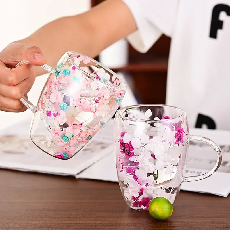 1PCS 300ml Double Wall Glass Cup with Handle Dried Flower Decorated Ins StyleDurable Coffee Milk Mug Heat Resistant Tea Cups Oasis Select