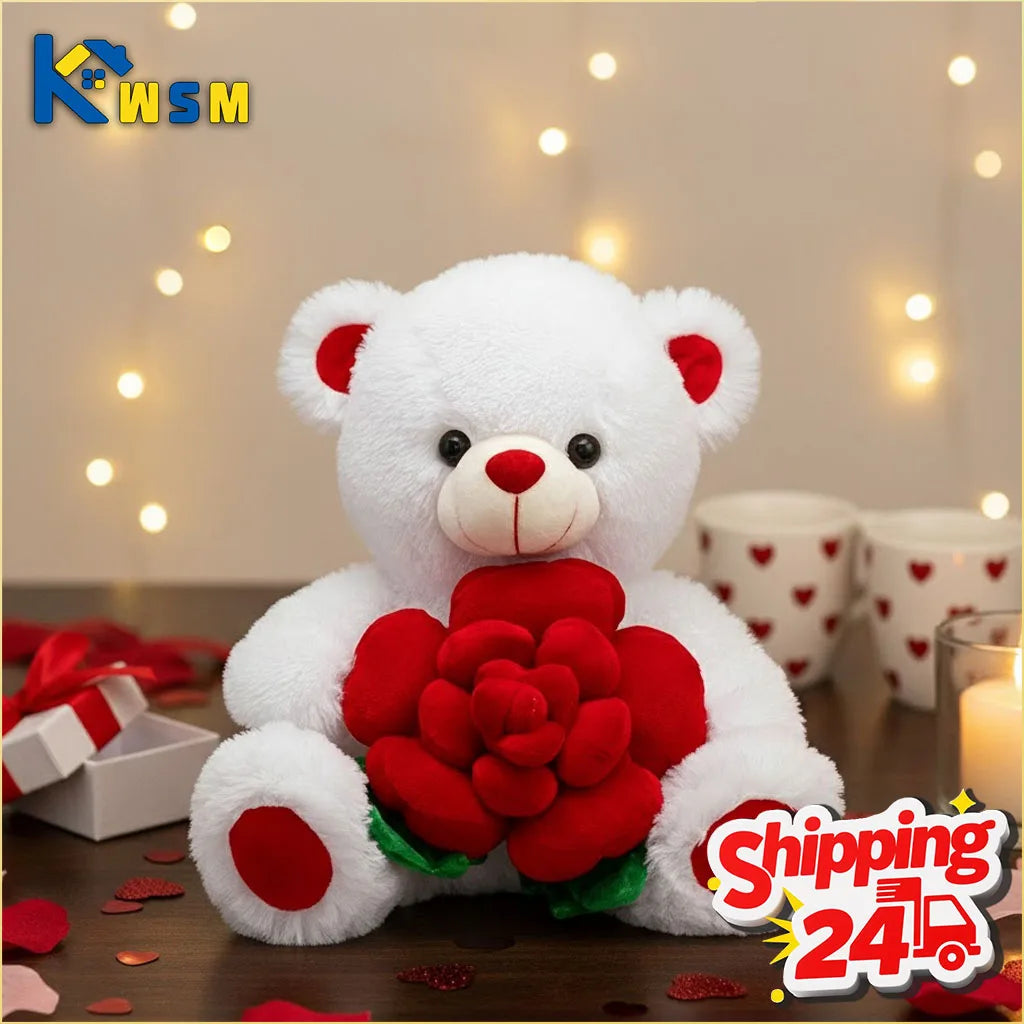 Valentines Day Bear Holding Rose Plush Toy Stuffed Animal Birthday Present for Girlfriend Wife Romantic Keepsake Home Decor Doll Oasis Select
