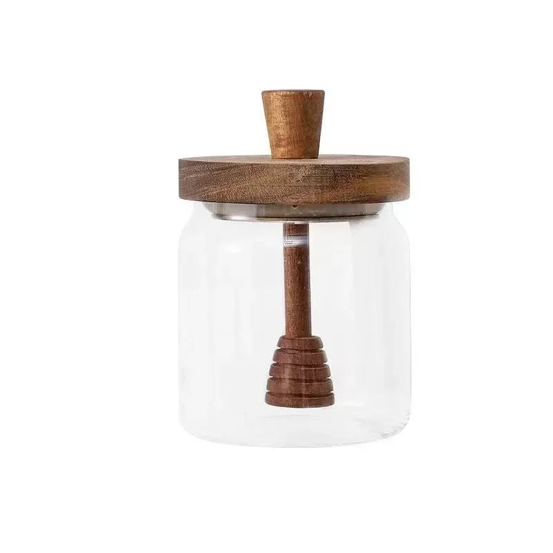 500ML High Borosilicate Glass Sealed Tank Honey Jar with Wooden Lid Mixing Rod Wood Dip Sticks Transparent Home Sealed Jars Oasis Select Honey-Jar 500ml