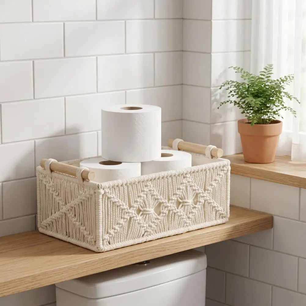 Storage Box with Wooden Handles Large Capacity Woven Design Basket Home Countertop Organizer for Cosmetics And Sundries Oasis Select