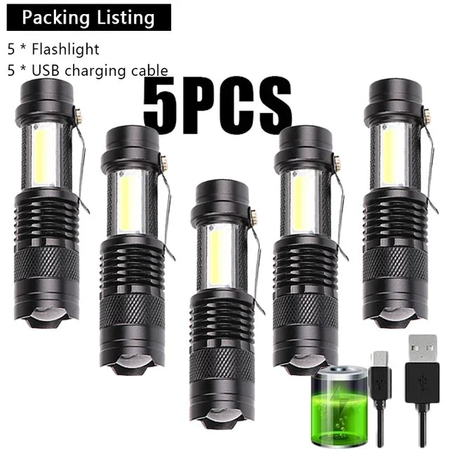 Mini Portable COB Lamp Bead LED Flashlight Use Rechargeable Double Light Source Emergency Flashlight for Hiking Camping Fishing Oasis Select 5PCS