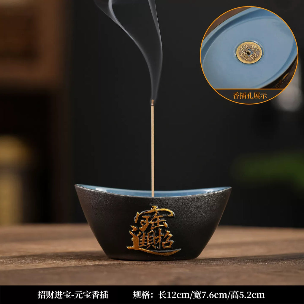 Jade Ceramic Yuanbao Incense Burner Attract Wealth, Stick & Coil Incense Holder for Tea Room Home Desktop Decoration Oasis Select D